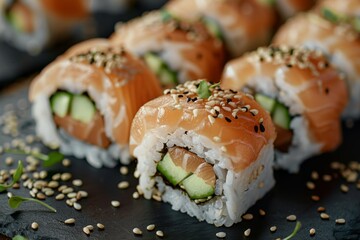 Salmon Hosomaki Sushi, Small Maki Sushi Rolls with Raw Trout, Cucumber, Rice, Sesame And Nori