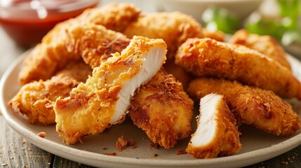 Close-up golden, crispy chicken tenders arranged on plate, delicious snack or meal concept