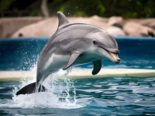 A playful bottlenose dolphin leaping joyfully out of the water, its dorsal fin cutting through the air as it performs an acrobatic display of agility and strength.