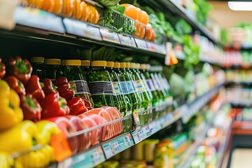 Bright supermarket shelves with healthy foods, focus on nutritio