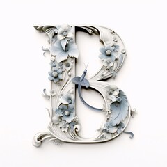 Decorative letter B with floral ornament on white background. 3D rendering