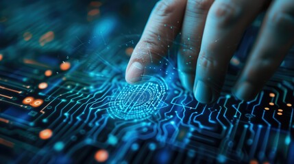 Finger touching advanced digital interface with glowing fingerprint security concept