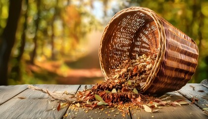 a spices cascade from a rustic woven basket, spices on wooden background, 