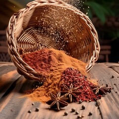christmas spices cascade from a rustic woven basket, spices on wooden background, 