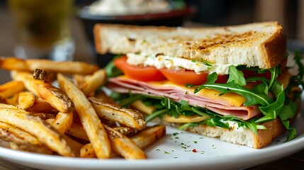 Ham, cheese, arugula, tomato sandwich with a plate of French fries,