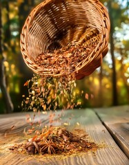 spices cascade from a rustic woven basket, spices on wooden background,  wicker basket on a table