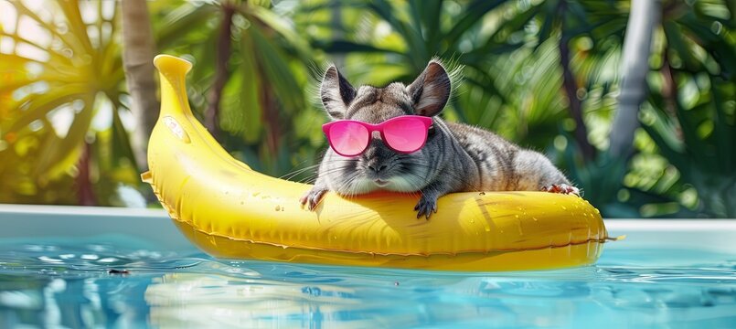 fluffy chinchilla wearing pink sunglasses, floating on a banana-shaped pool float in a pool with a lush, tropical backdrop
