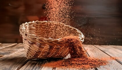 spices on background, spices cascade from a rustic woven basket