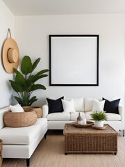 Mockup poster frame in white living room interior background, interior mockup design, frame mockup