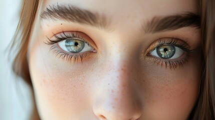 Fototapeta premium Beautiful female brown eyes with cat eye makeup. Close-up. Smooth skin with natural makeup for eyelashes, eyebrows and eyelids