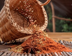 spices cascade from a rustic woven basket, spices on wooden background, 