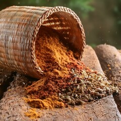 close up of a spices cascade from a rustic woven basket, spices on wooden background, 