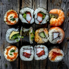 Uramaki Sushi Rolls with Shrimps, Eel, Salmon and Cucumber Outside on Natural Wooden Background