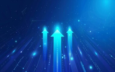 Abstract background with glowing blue arrows pointing upwards on a dark blue gradient background Generative AI