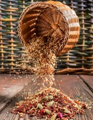 spices cascade from a rustic woven basket chili peppers