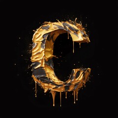 3d render of golden paint splash font letter isolated on black background letter C