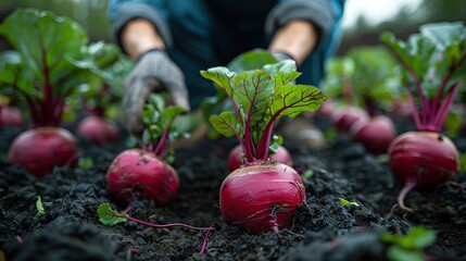 A farmer harvesting beets from a rich, dark soil.