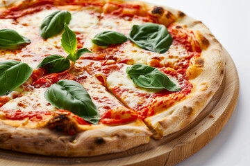 Classic Pizza Margherita on a white background, showcasing the authentic ingredients and simplicity of Italian cuisine