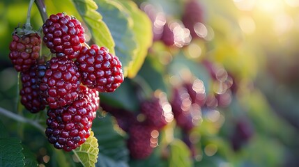A close-up of ripe mulberries on the vine.