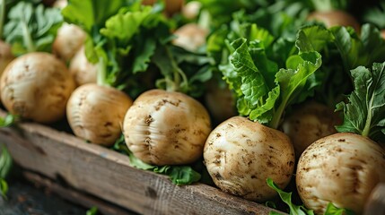 A close-up of freshly harvested rutabagas with their greens.