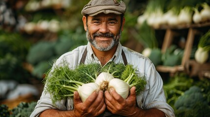 Obraz premium A farmer's hands holding a bundle of fresh fennel.