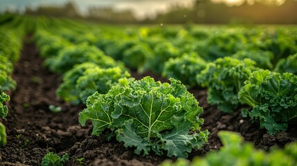 A field of lush green kale growing in neat rows.