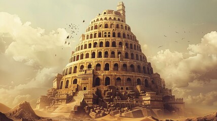 Obraz premium A minimalist illustration of the Tower of Babel, crafted with clean lines and simple shapes to depict the iconic structure symbolizing human ambition and the diversity of languages