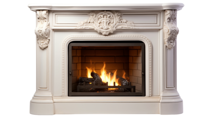 Modern, classic and stone vintage style fireplace isolated on transparent png background.
