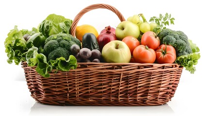 Composition with vegetables and fruits in wicker basket isolated on white