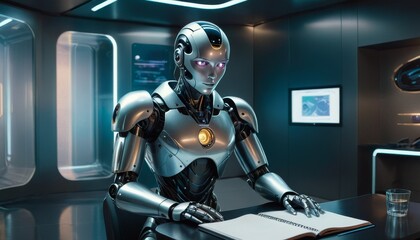 A highly detailed, futuristic robot with a glowing chest sits at a desk, writing in a notebook inside a modern spaceship.