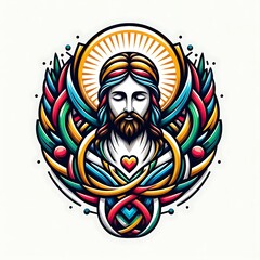 A colorful graphic of a jesus christ with long hair and wings has illustrative color card design.