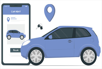 Vector illustration of autonomous online car sharing service controlled via smartphone app. Phone with location mark and smart car with modern city skyline. Isolated connected vehicle remote parking.

