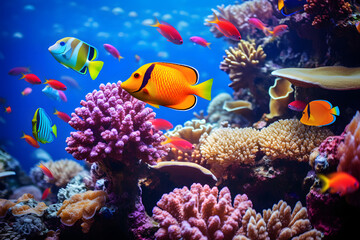 A group of colorful tropical fish swimming among vibrant coral reefs in a coral reef ecosystem