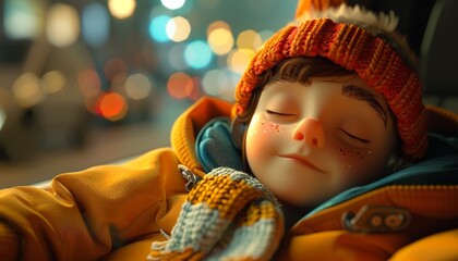 A cartoonish child is sleeping in a yellow jacket with a red hat on by AI generated image