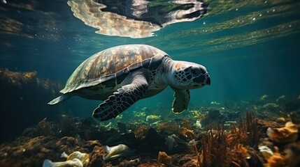 Obraz premium Sea Turtle Swimming Underwater Amidst Marine Life and Coral Reefs