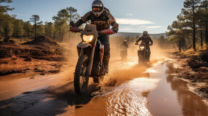 Obraz premium Group of Dirt Bikers Racing Through Muddy Forest Trail with Intensity