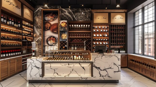 A wine store featuring elegant marble counters and shelves showcasing various bottles of wine.