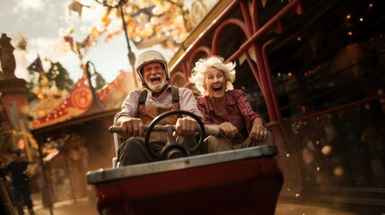 Joyful Senior Couple Riding Amusement Park Roller Coaster in Autumn