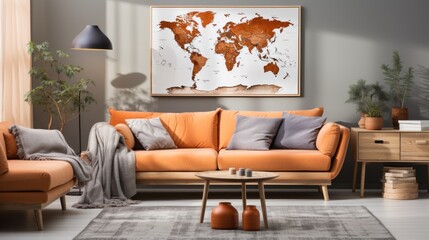 Modern Apartment Living Room with Orange Sofa and Grey Blanket Decorated with World Map