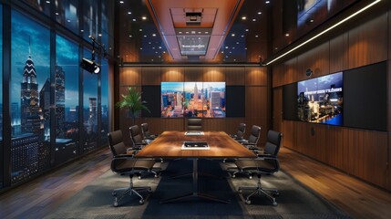 An executive meeting room featuring a long wooden table, modern office chairs, large screens, and floor-to-ceiling windows showcasing a city skyline during the evening.
