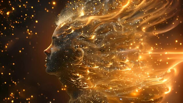 A womans face is encircled by twinkling stars, creating a celestial aura around her, A celestial being made entirely of shimmering starlight
