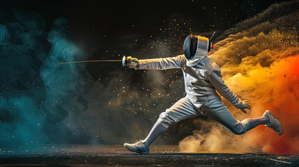 Naklejka premium Dynamic movement of a fencer during competition. Dynamic jump in the dust of multi-colored victory.