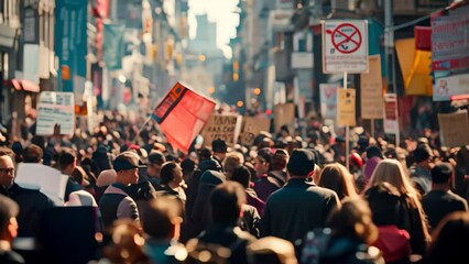 A large group of individuals marching down a street while holding various signs and banners, A chaotic protest march with banners and signs waving above the crowd