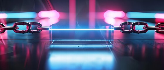 A blank podium showcase on a dark reflective surface with intersecting chains