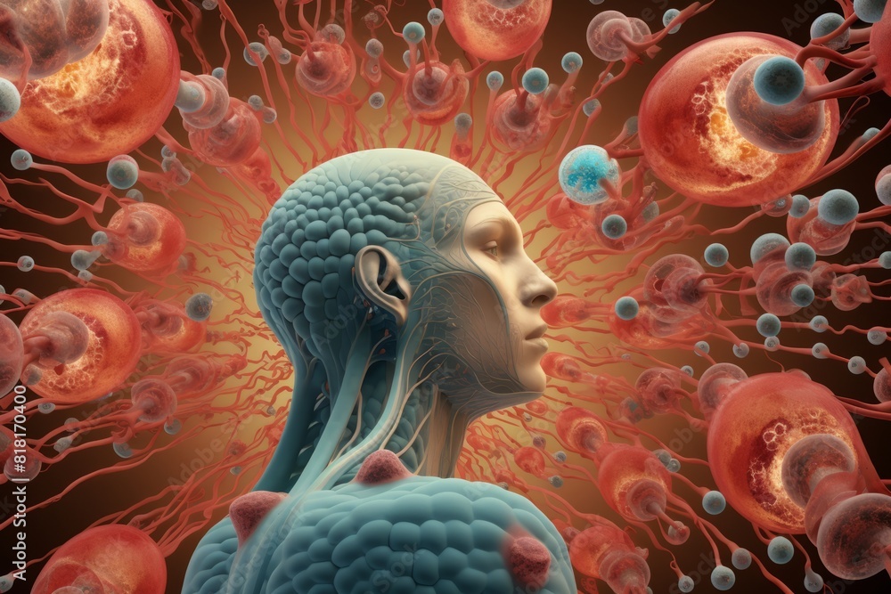 Poster a human head with a large colorful image of cells. generative ai
