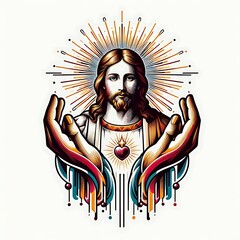 A drawing of a jesus christ with his hands in front of him image card design harmony art.