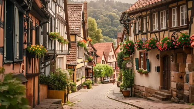 Traditional cobblestone street in a European village with old buildings and vintage lanterns, A charming European village with cobblestone streets and historic architecture