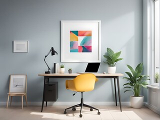  This is a mockup of an office with a blank white frame, presenting a colourful, contemporary mixed-media artwork design. 