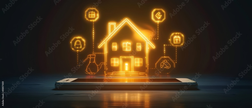 Poster a blank podium showcase with a holographic image of a modern smart home floating above a smartphone 