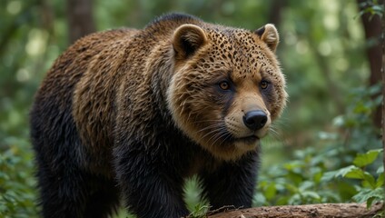 Fototapeta premium A large brown bear stands in a forest.